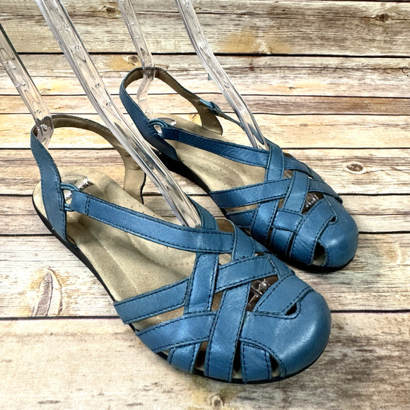 Earth Origins Womens Blue Leather Nellie Wide Woven Hippie Boho Sandals 9.5W - Picture 1 of 8